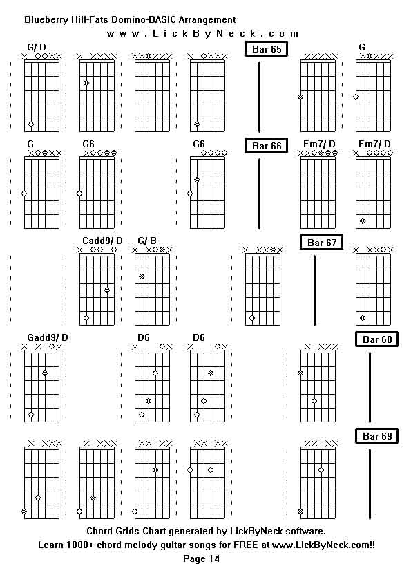 Chord Grids Chart of chord melody fingerstyle guitar song-Blueberry Hill-Fats Domino-BASIC Arrangement,generated by LickByNeck software.